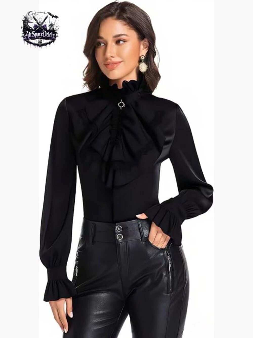 Long Sleeve Peasant Top with Detachable Ruffled Lace Collar Slim Fit